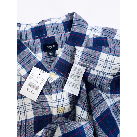 J.Crew Mens Shirt NEW XXL 100% linen Blue and White Red Plaid - Picture 2 of 5